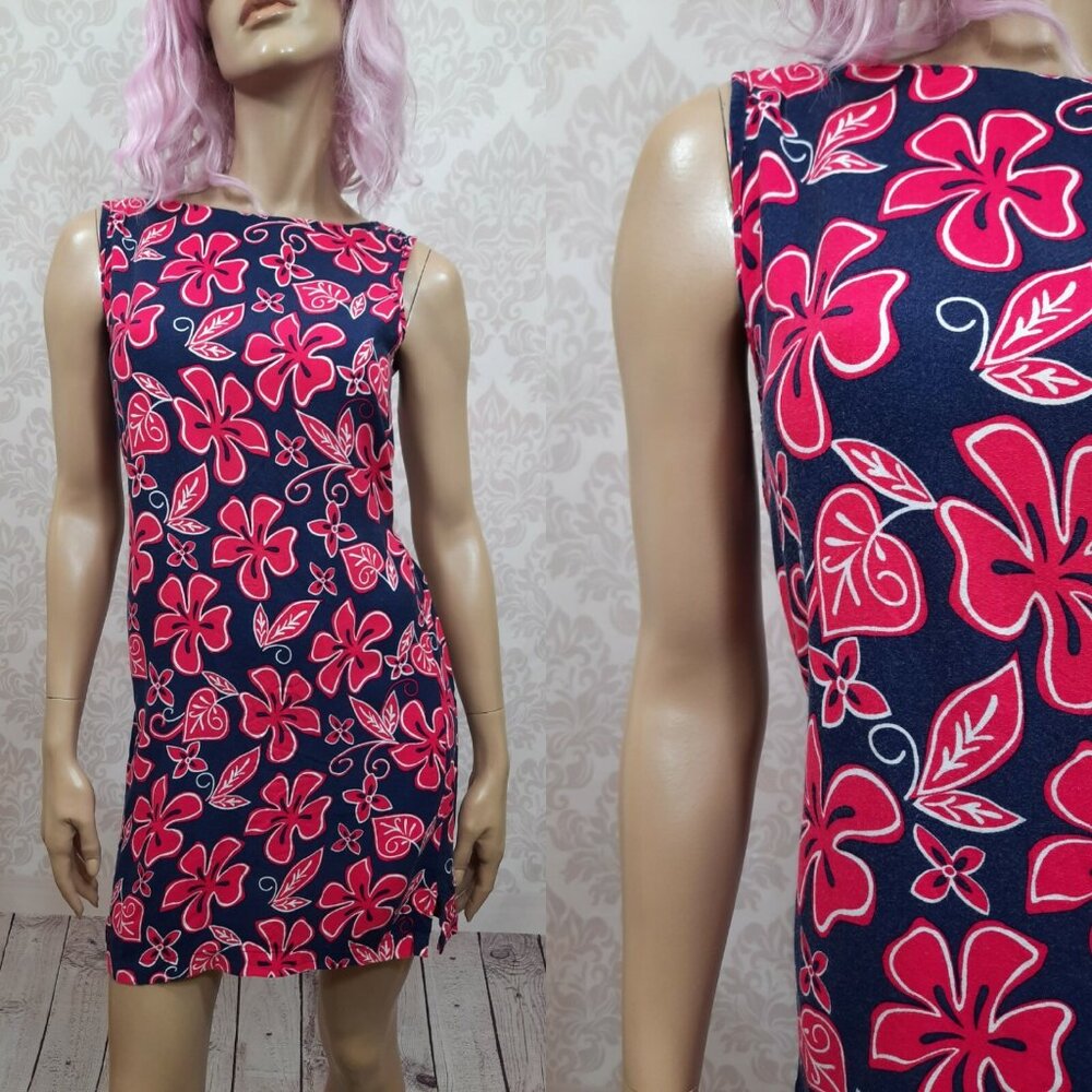 Vintage 90s Sleeveless Mini Dress S Floral Bright Pink Blue Tropical Hawaiian
